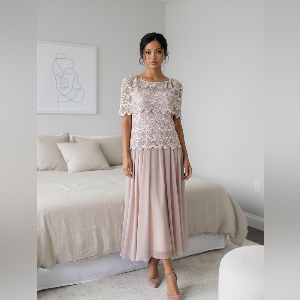 Elegant Lace Overlay Dress in ashes of rose color, vintage